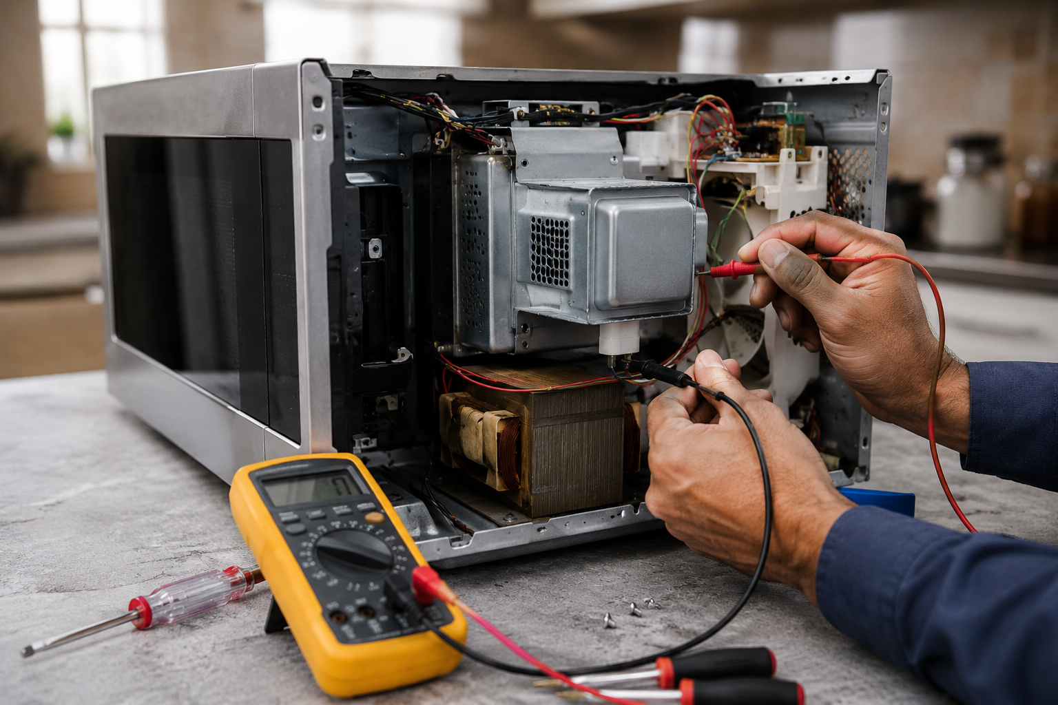 Technician using a multimeter to test microwave repair techniques on an open microwave oven"