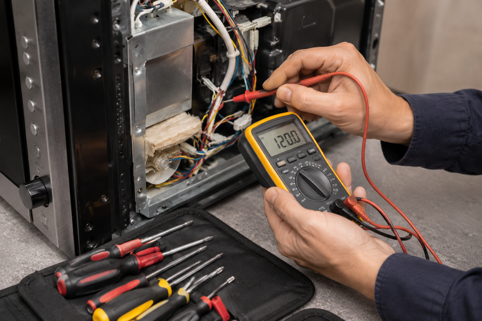 Technician using a multimeter to test oven igniter during repair