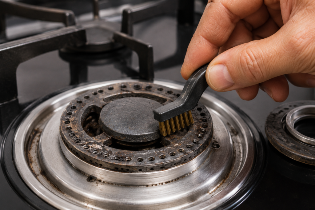 "Cleaning clogged gas burner ports with a soft brush"
