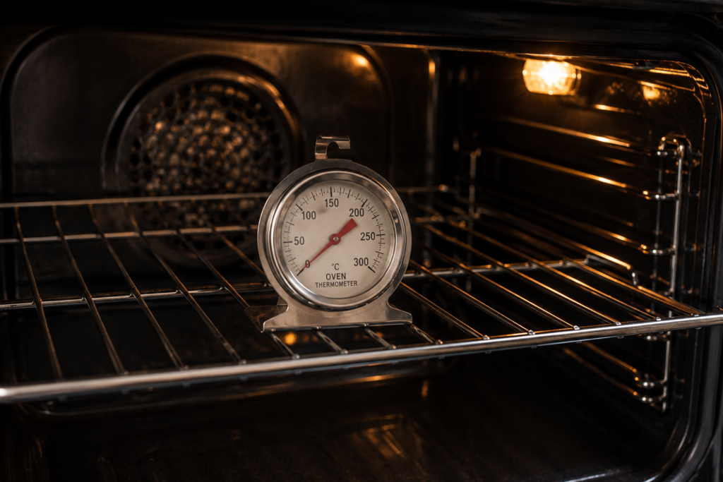 "Oven thermometer placed on center rack to check temperature accuracy"