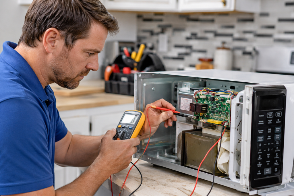 "Microwave repair technician diagnosing control board with multimeter