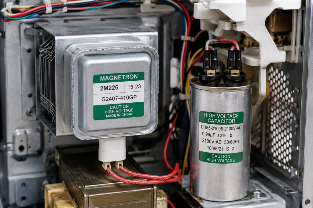 Close-up of microwave high-voltage capacitor and magnetron components