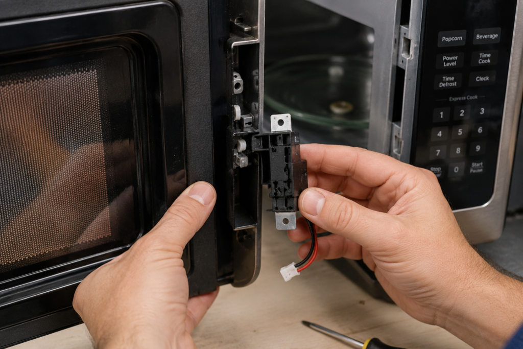 Microwave repair technician replacing door latch assembly