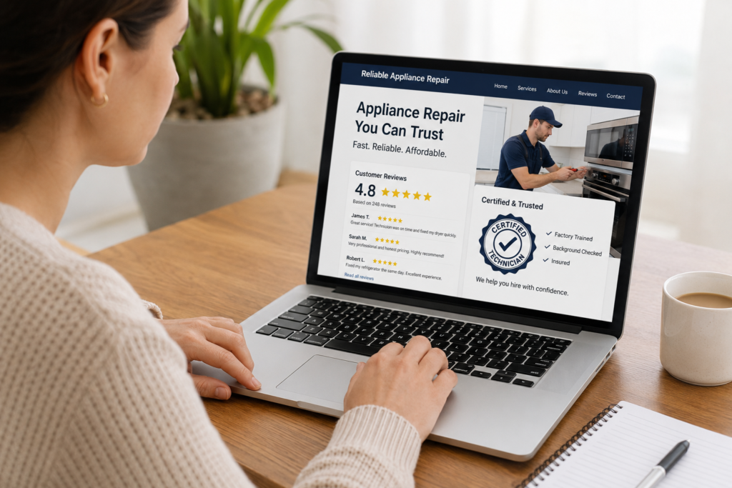 Homeowner checking microwave repair technician reviews and certification before hiring"