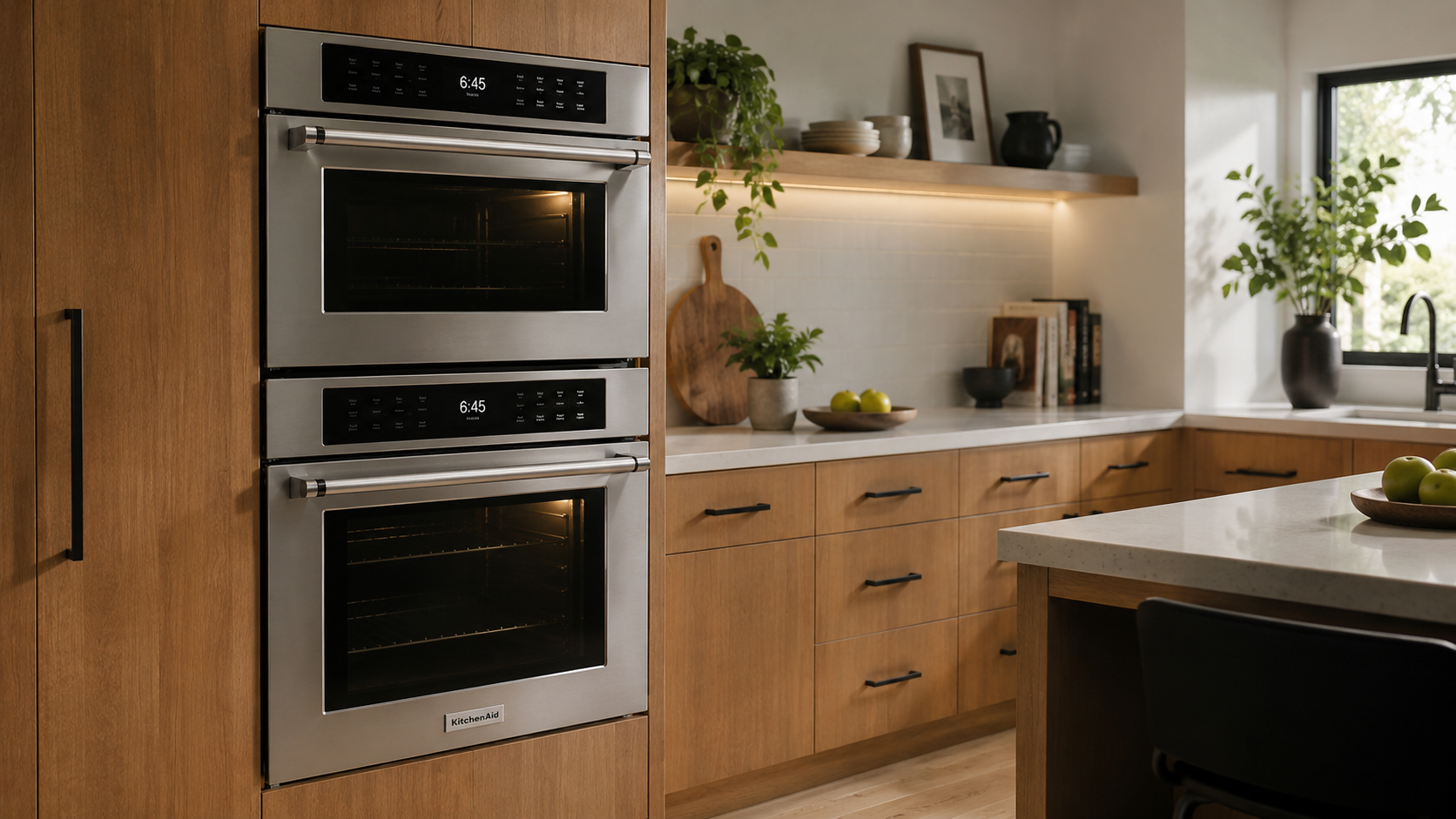 "Modern kitchen with a built-in double oven showing both compartments