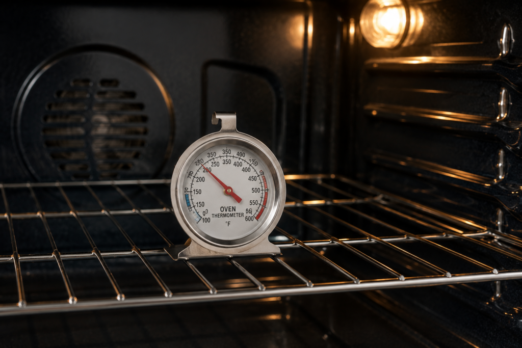 fixing common gas oven problem — checking oven temperature with thermometer