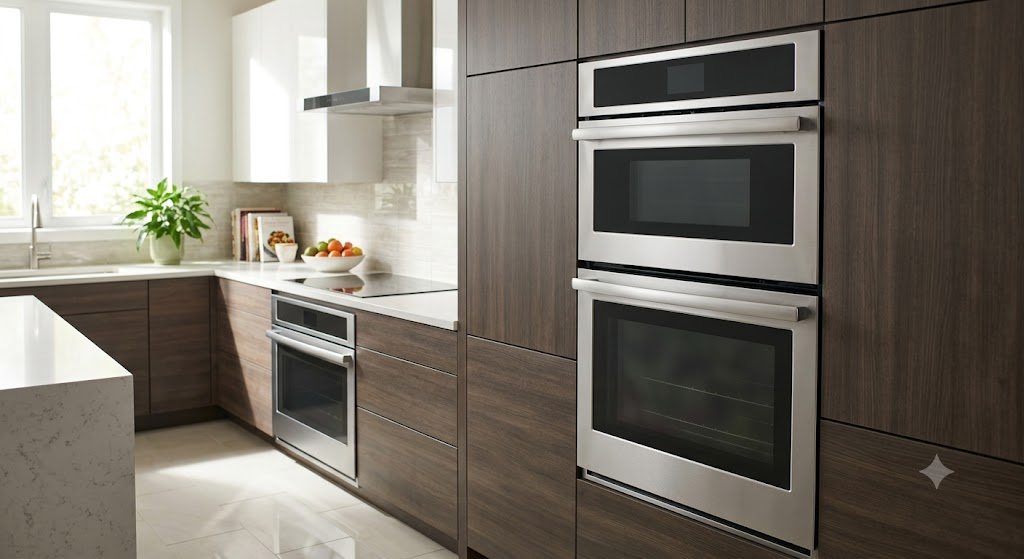 Microwave ovens built into kitchen cabinetry with stainless steel finish"