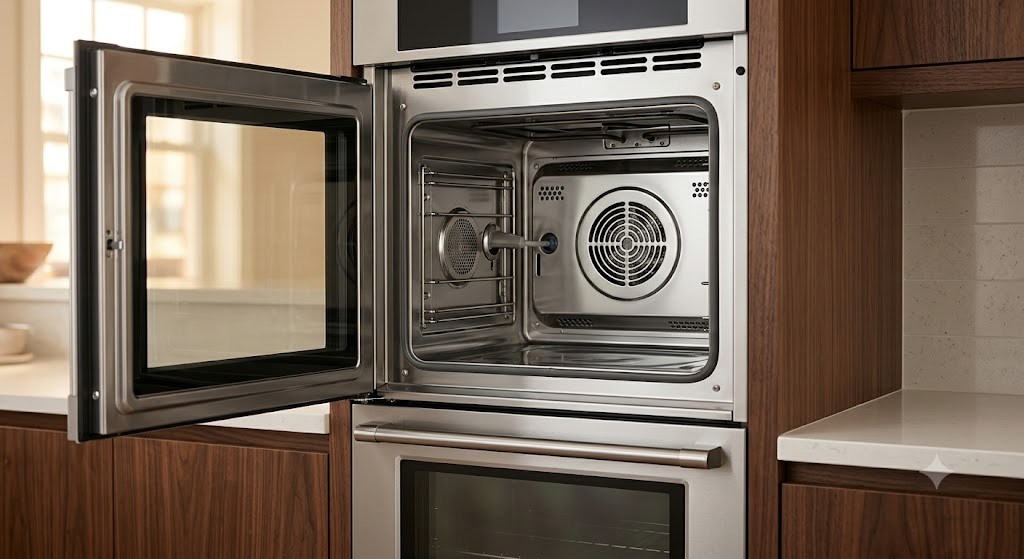 Convection double oven with steam function open showing interior cavity"