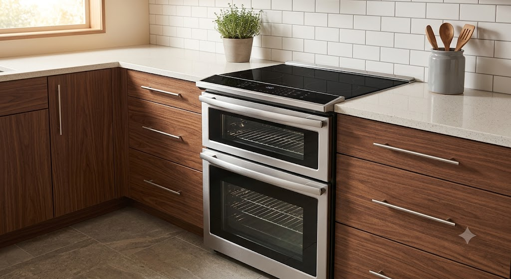 "Slide-in range with double oven fitted flush between kitchen countertops"