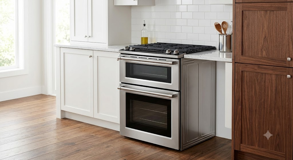 Freestanding range with double oven in kitchen setting