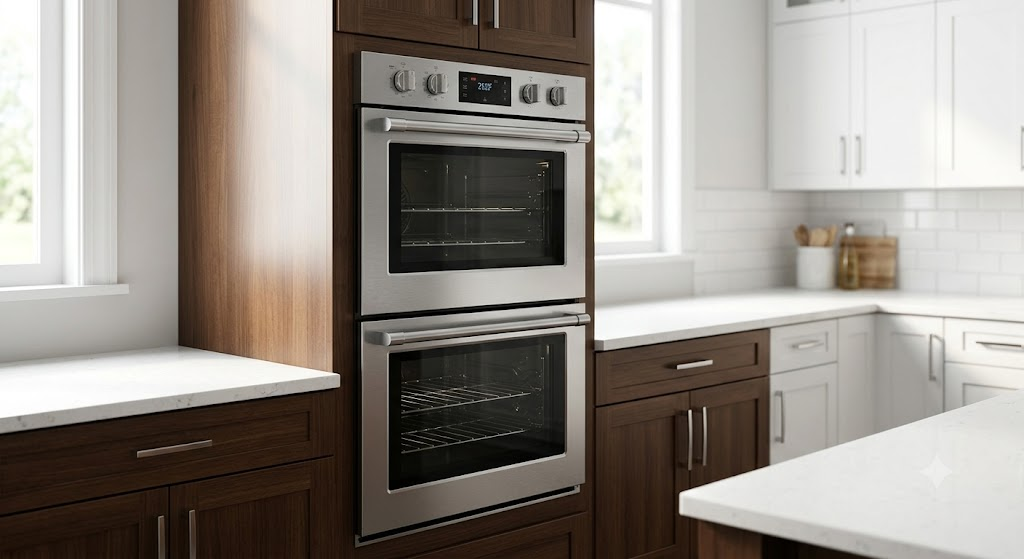 "Built-in double wall oven installed in modern kitchen cabinetry"