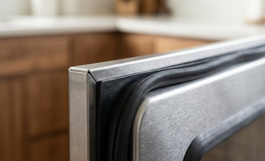 Close-up of an oven door seal and gasket