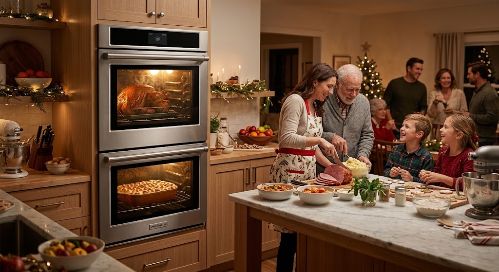 "Family cooking multiple dishes in a double oven"