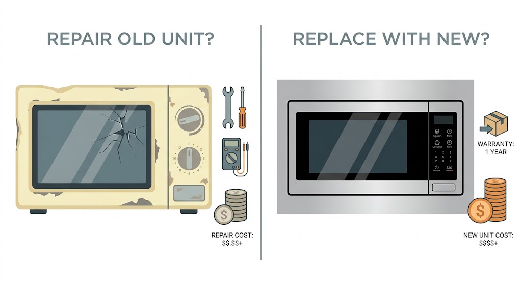 Comparison graphic showing when to repair versus replace a microwave"