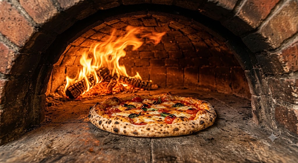Interior of a traditional sicilian oven with a natural stone baking surface and wood-fired pizza