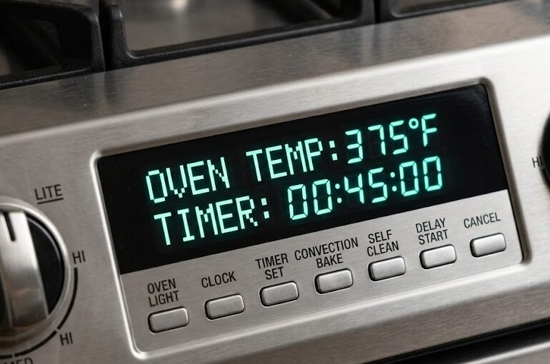 Gas oven control panel and digital display close-up