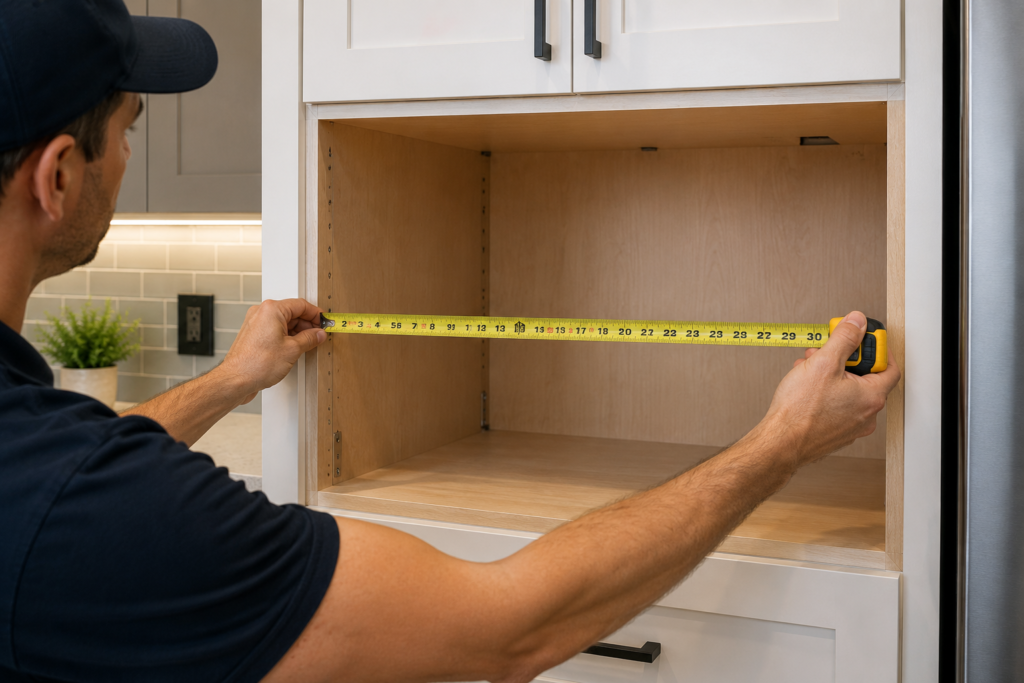 "Cabinet cutout measurements for a built-in microwave installation"