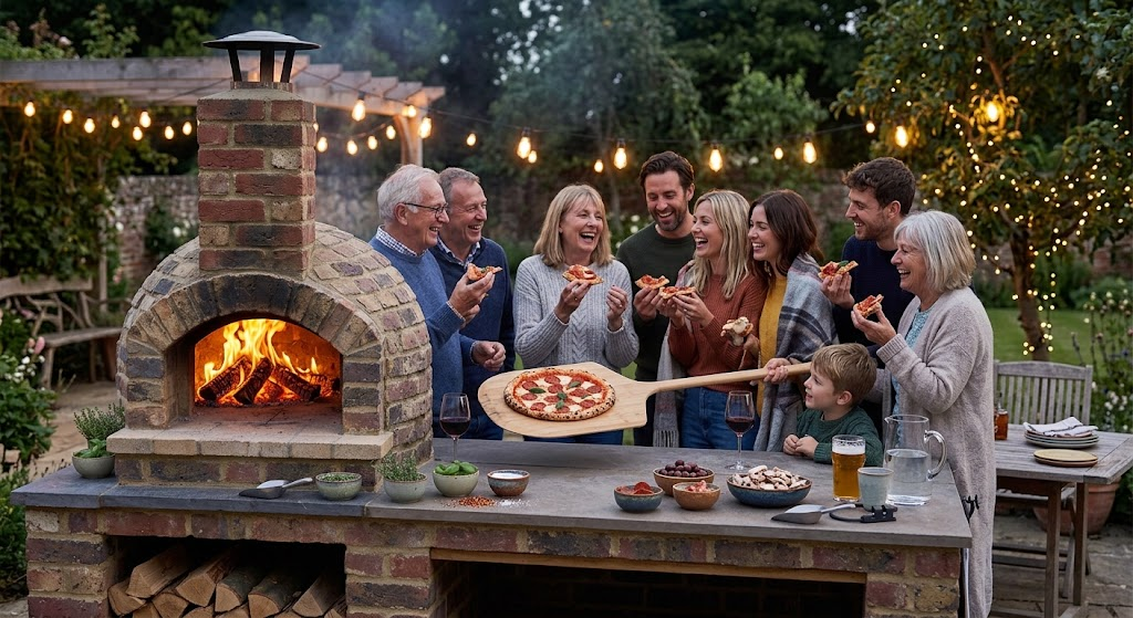 friends and family enjoying pizza from a wood fired oven at a backyard gathering