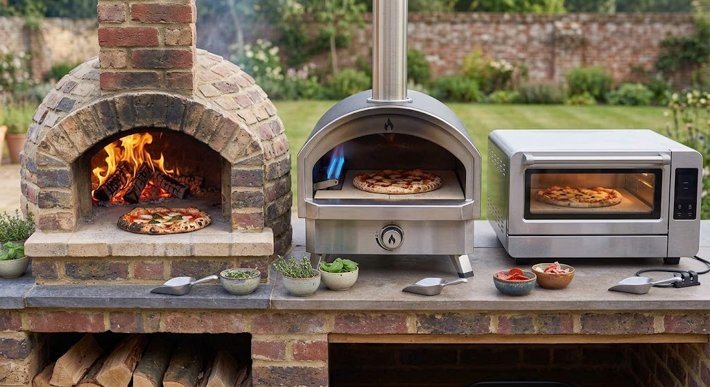 "comparison of wood fired, gas, and electric pizza ovens side by side"