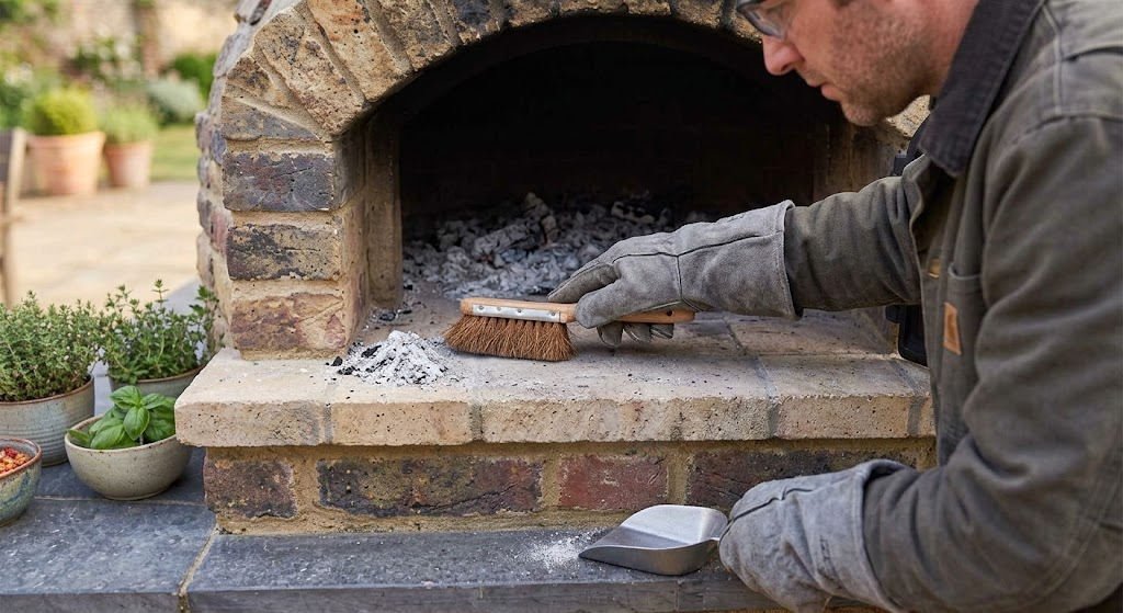"cleaning ash from a wood fired pizza oven with heat-resistant gloves"