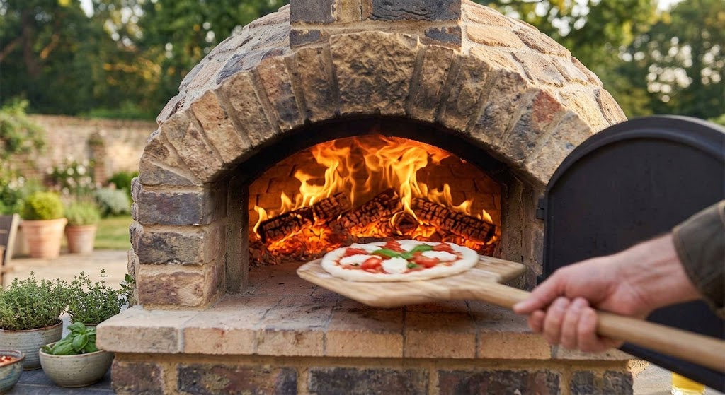"launching a pizza into a wood fired oven with a wooden peel"