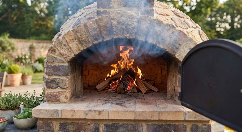 "small fire curing a new wood fired pizza oven before first use"