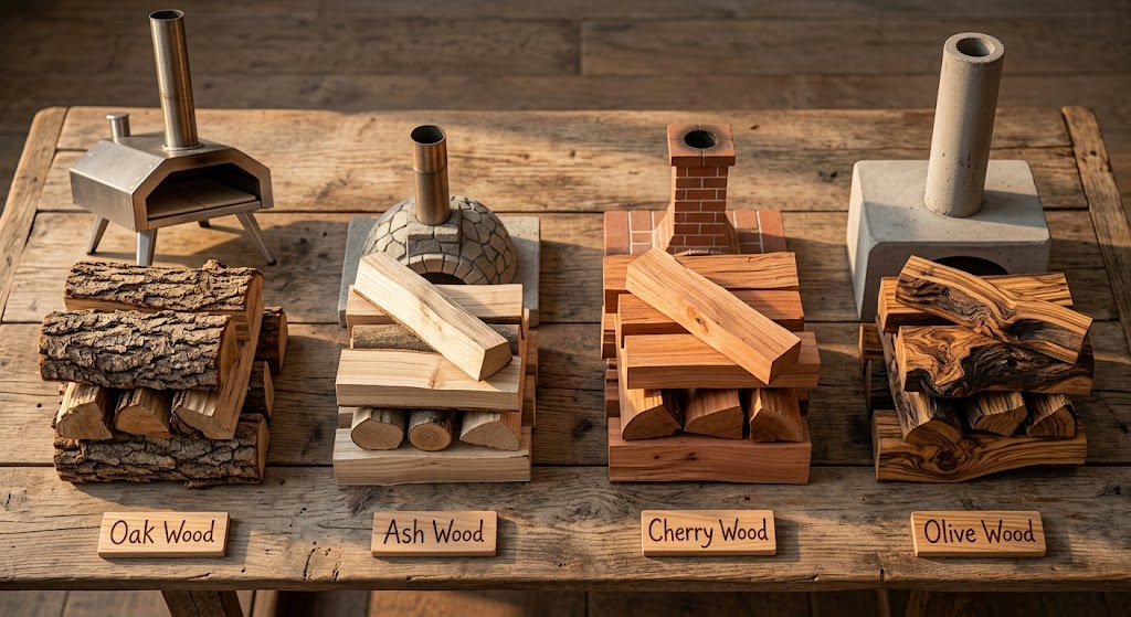 "seasoned hardwood types for a wood fired pizza oven including oak, ash, cherry, and olive wood"