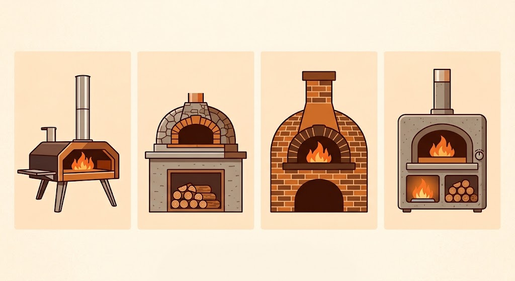 "four types of wood fired pizza ovens compared: portable, built-in, masonry, and hybrid"