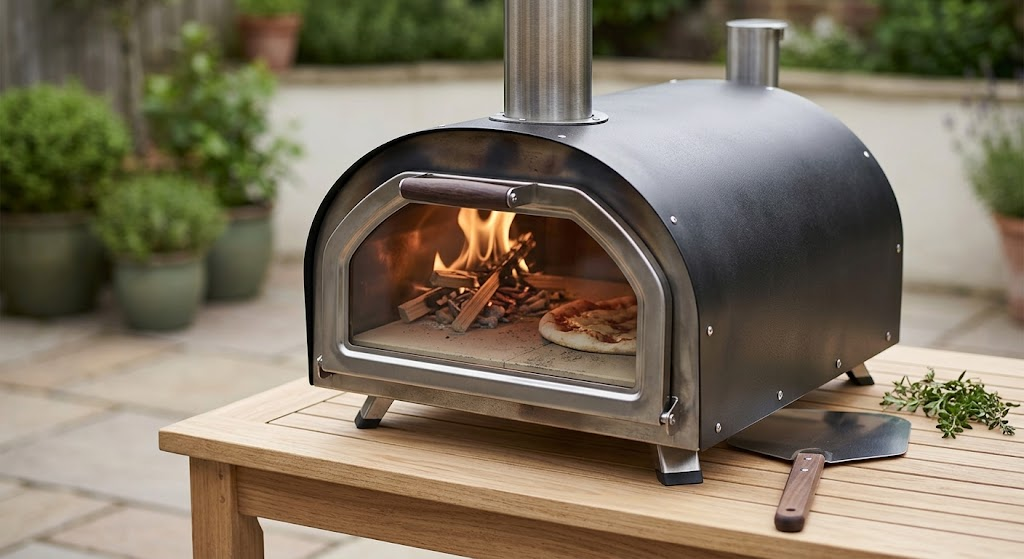 "Ooni Karu 2 portable wood fired pizza oven on outdoor table"