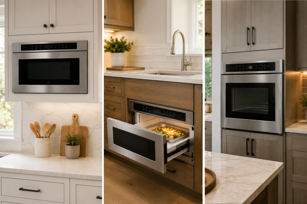 Microwave ovens built into kitchen cabinetry with stainless steel finish
Comparison of built-in, drawer, and convection combo microwave types"
