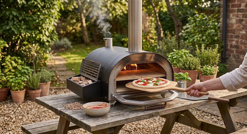 "Ooni Fyra 12 wood pellet pizza oven on outdoor table"