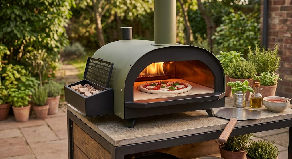 "Gozney Roccbox portable pizza oven on outdoor stand"