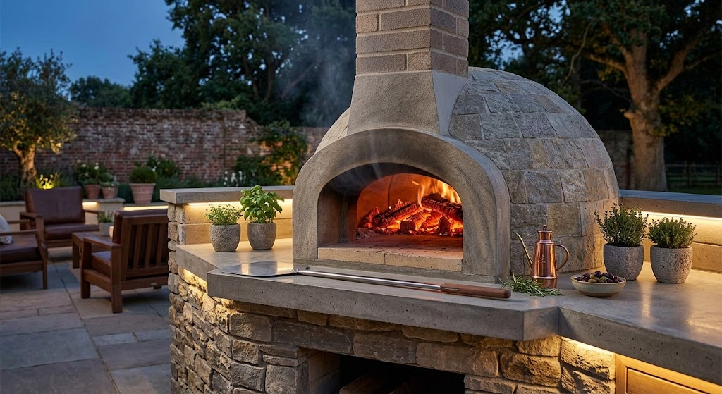 "Gozney Dome built-in wood fired pizza oven in outdoor kitchen"