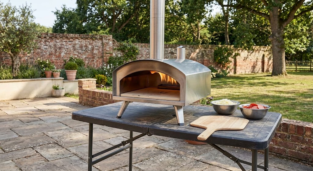 "BIG HORN 12 inch multi-fuel wood pizza oven on outdoor table"