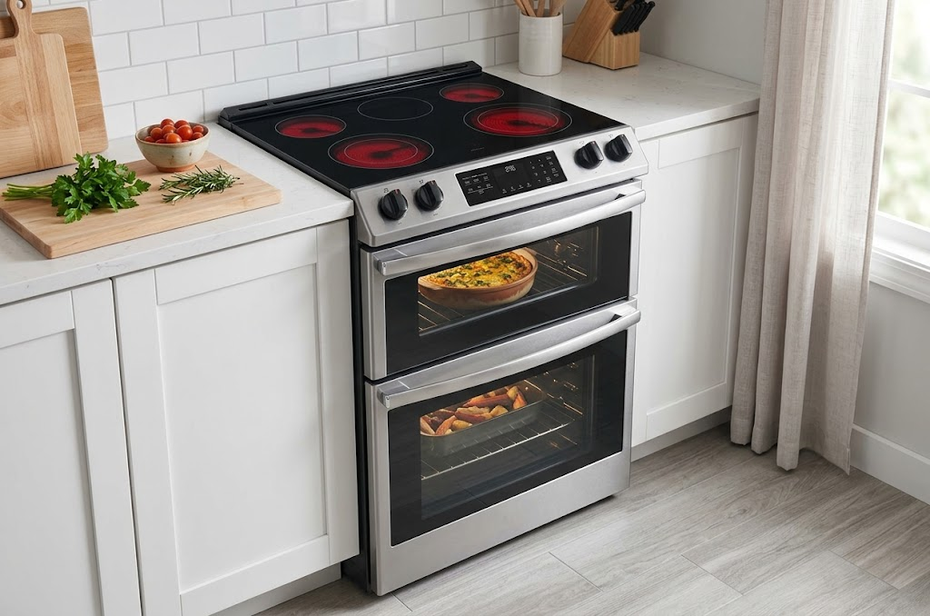 Whirlpool freestanding double oven electric range stainless steel"