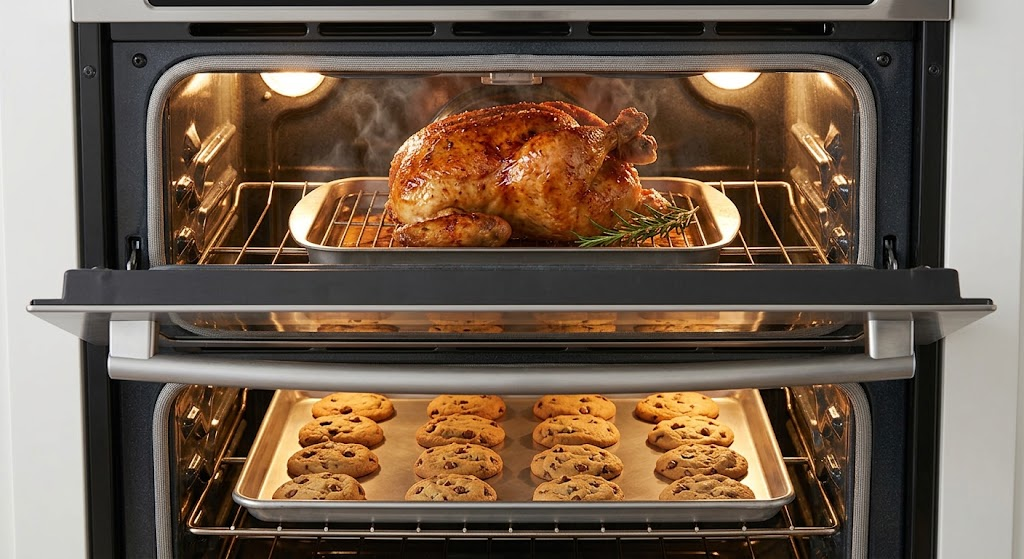 double oven electric range cooking two dishes at different temperatures"