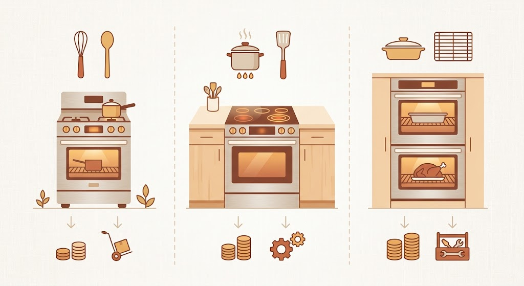 comparison of freestanding, slide-in, and wall oven range types"