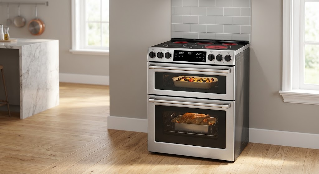 freestanding double oven electric range in kitchen