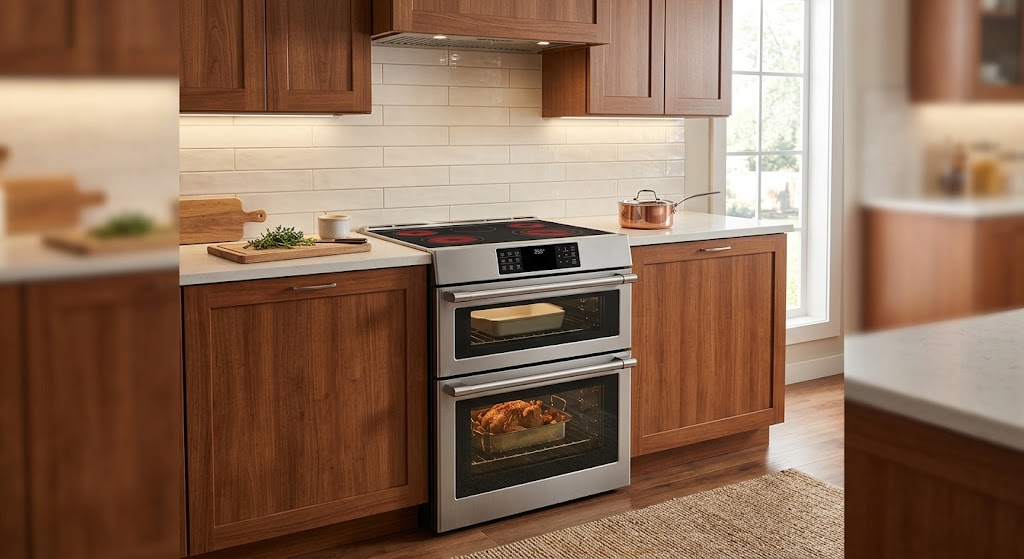 "slide-in double oven range fitted between kitchen cabinets"