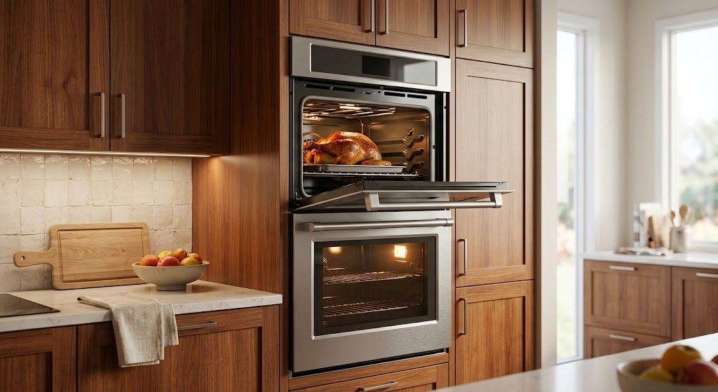 "double wall oven installed in kitchen cabinetry"