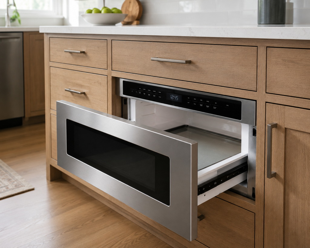 Sharp 24 inch microwave drawer oven installed in lower cabinet"