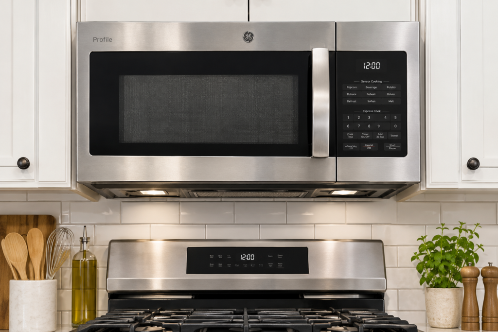 "GE Profile over-the-range microwave oven combo above stove"
