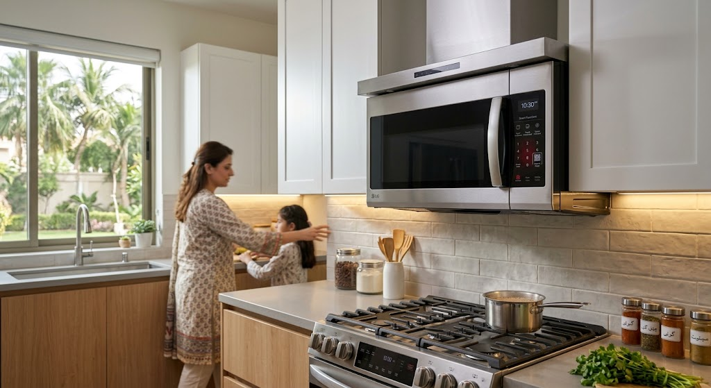 "LG smart over-the-range microwave oven combo with touch display"
