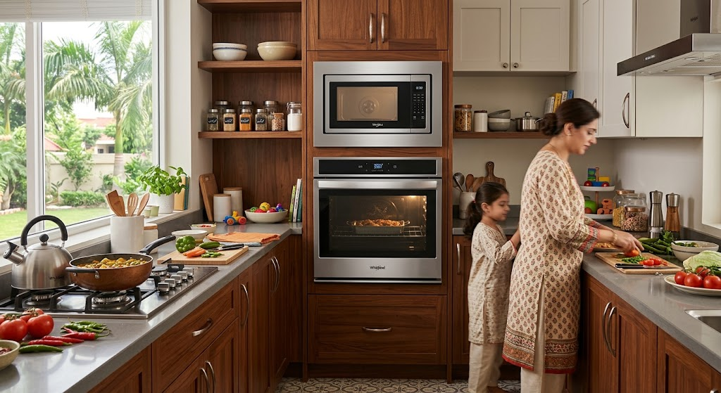 "Whirlpool wall oven microwave combo built into cabinetry"