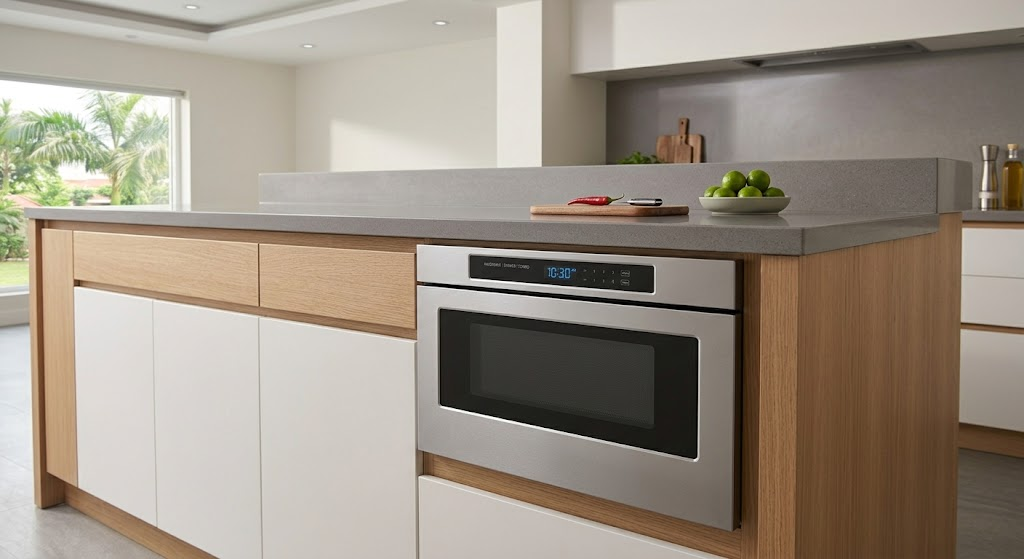"built-in drawer microwave oven combo in kitchen island"