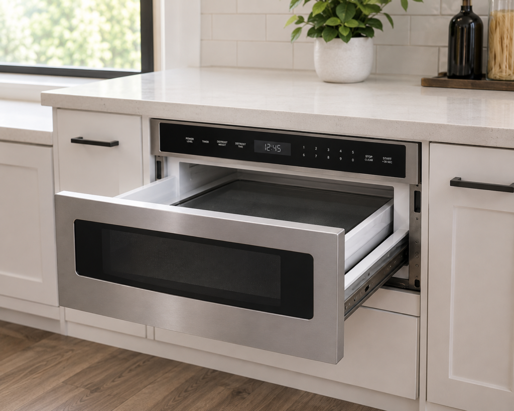 ThermoMate 24 inch built-in microwave drawer with touch controls"