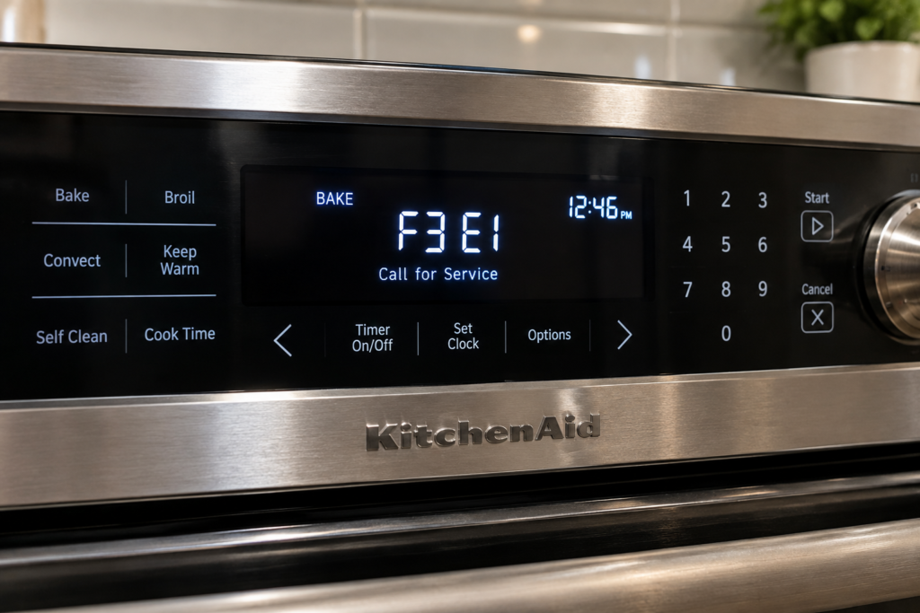 Kitchenaid oven control panel displaying an F error code