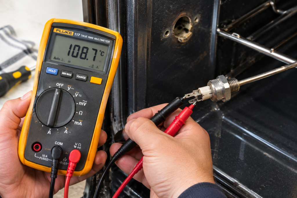 Testing a Kitchenaid oven temperature sensor with a multimeter