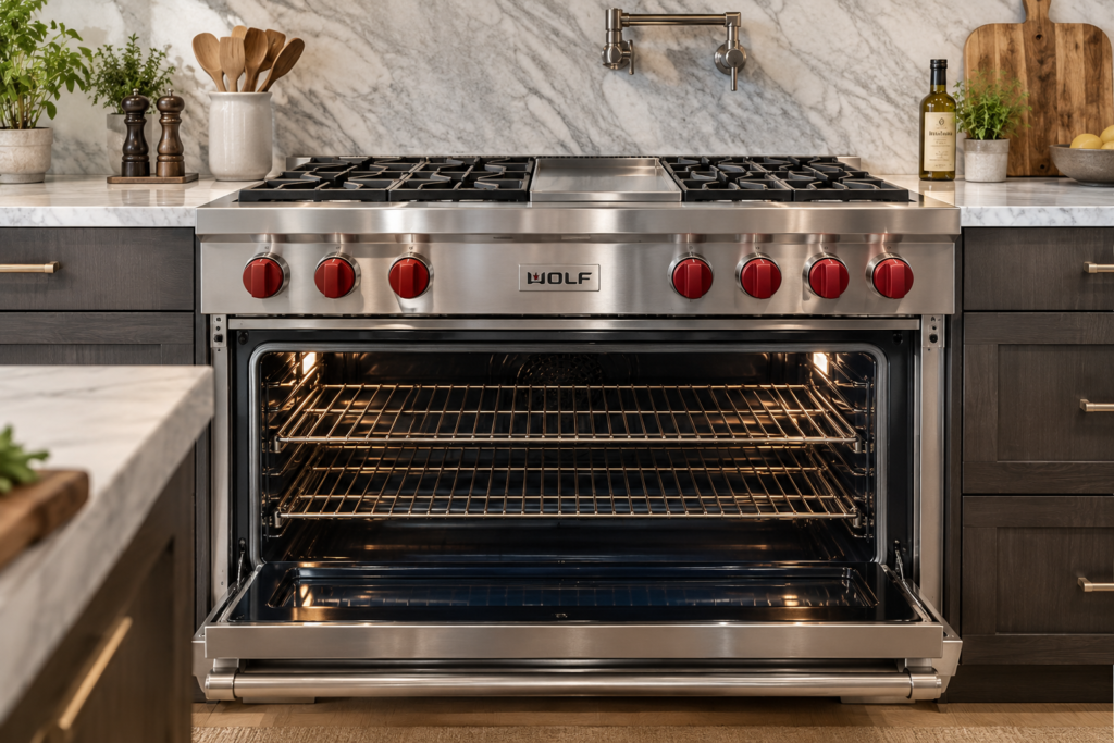 "Wolf oven dual fuel range with six burners"