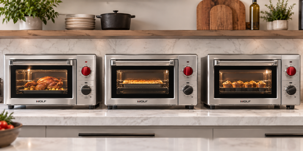 "Wolf oven Gourmet countertop convection oven with red knobs"